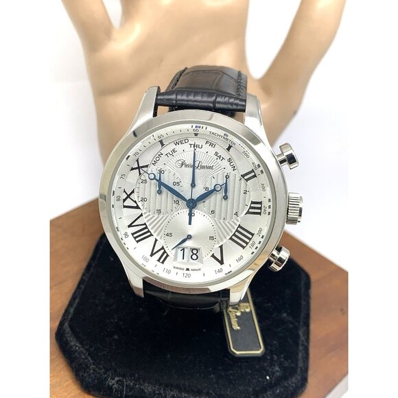 Pierre Laurent Men's Watch 28221 Chronograph Swiss Quartz Silver Dial Day Date - Picture 1 of 14